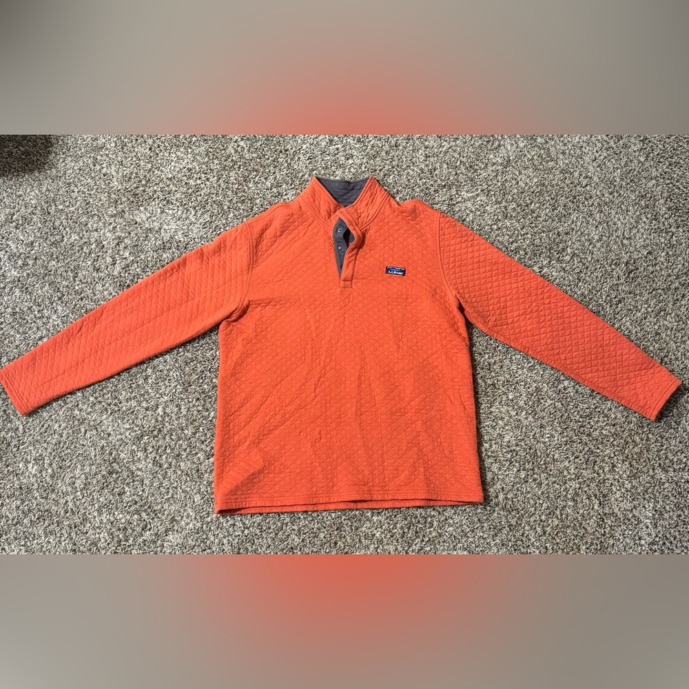 LL Bean Men’s Airlight Orange Heather Knit Quilted Quarter Button Up Pull Over